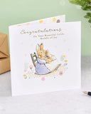 Peter Rabbit New Baby Congratulations greeting card from UK Greetings, featuring adorable Peter Rabbit illustration on the front.