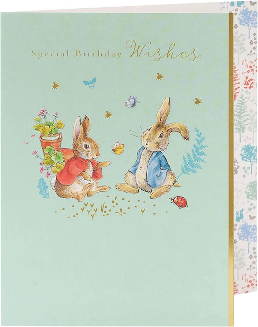 Peter Rabbit birthday greeting card by UK Greetings featuring colorful illustrations and special birthday wishes on the front.
