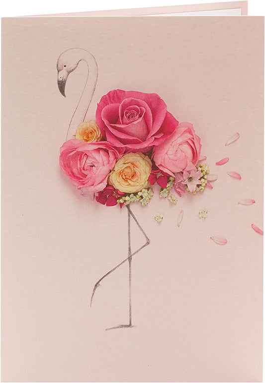 Pink floral flamingo birthday greeting card with colorful floral design and playful flamingo illustration.