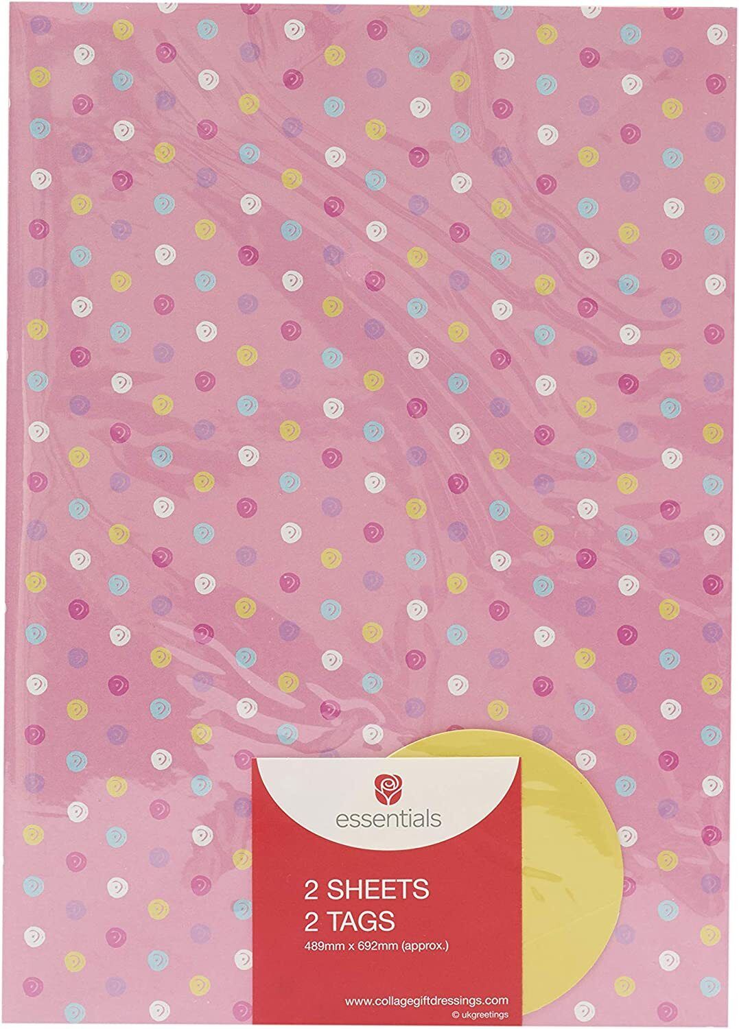 Pink polka dot wrapping paper with two sheets and two greeting card tags from UK Greetings, shown in the image.