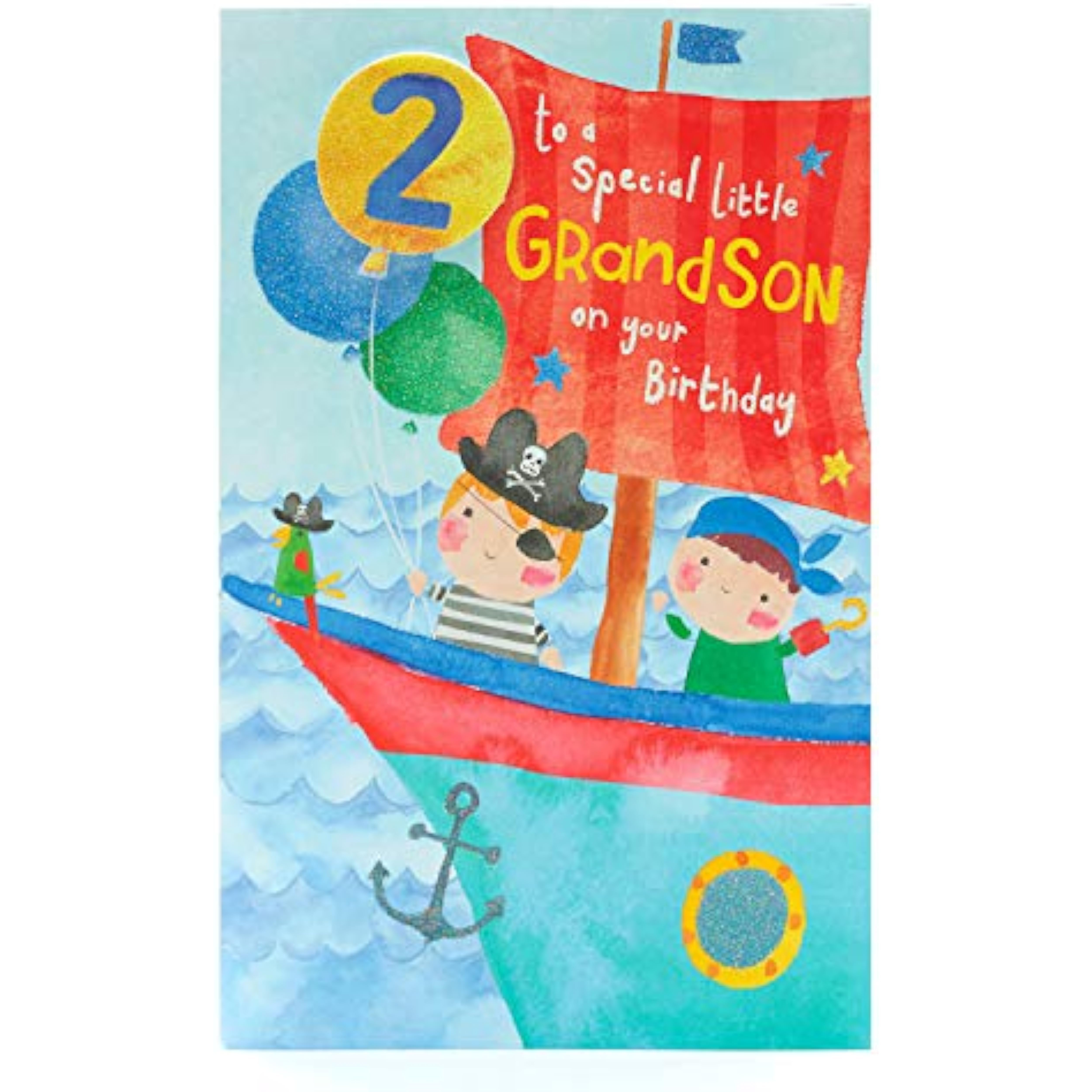 Pirate-themed 2nd birthday greeting card for grandson, UK Greetings, featuring colorful pirate design and festive birthday message.