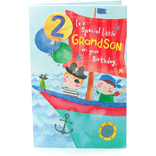 Pirate-themed 2nd birthday greeting card for grandson by UK Greetings, featuring colorful pirate imagery and playful design.
