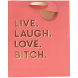 Large funny gift bag with "Live Laugh Love" quote, designed for greeting cards, by UK Greetings, featuring colorful, playful artwork.