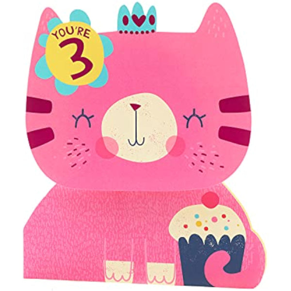Pink cat birthday greeting card for a 3rd birthday from UK Greetings, featuring playful cat illustration and cheerful design.