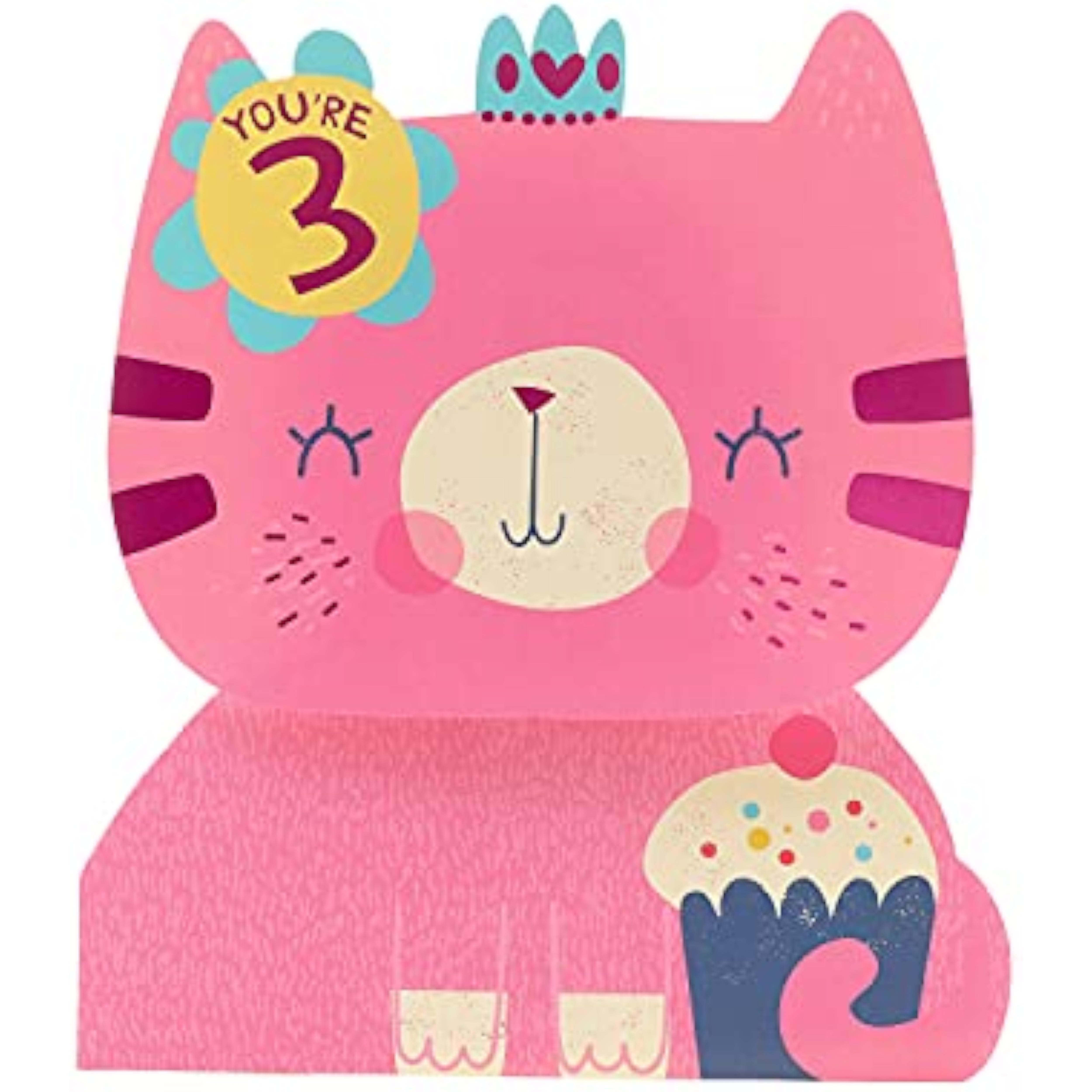 Playful pink cat greeting card for 3rd birthday from UK Greetings, featuring a cute cartoon cat design.