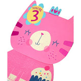 Playful pink cat greeting card for a 3rd birthday, featuring colorful illustrations from UK Greetings.