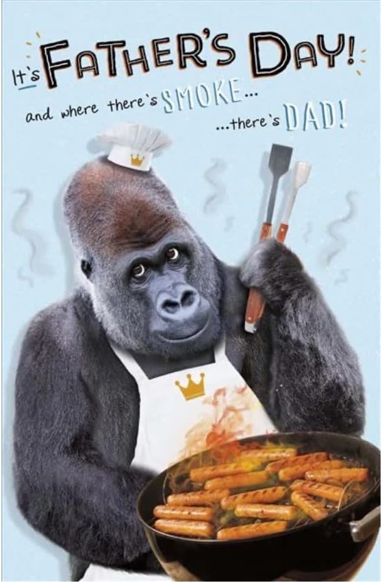 Funny Father's Day greeting card featuring a pop-up gorilla design from UK Greetings, with humorous illustrations on the front.