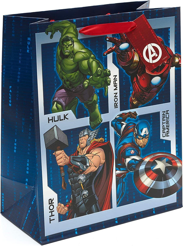 Large Avengers-themed gift bag featuring bold superhero graphics, ideal for gift-giving occasions, by UK Greetings.