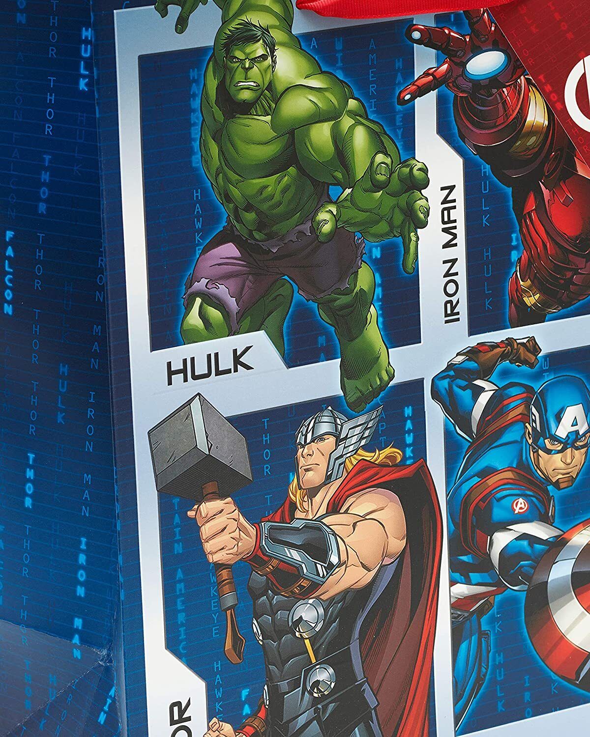 Large Avengers-themed gift bag featuring Marvel characters, ideal for greeting cards and special occasions.