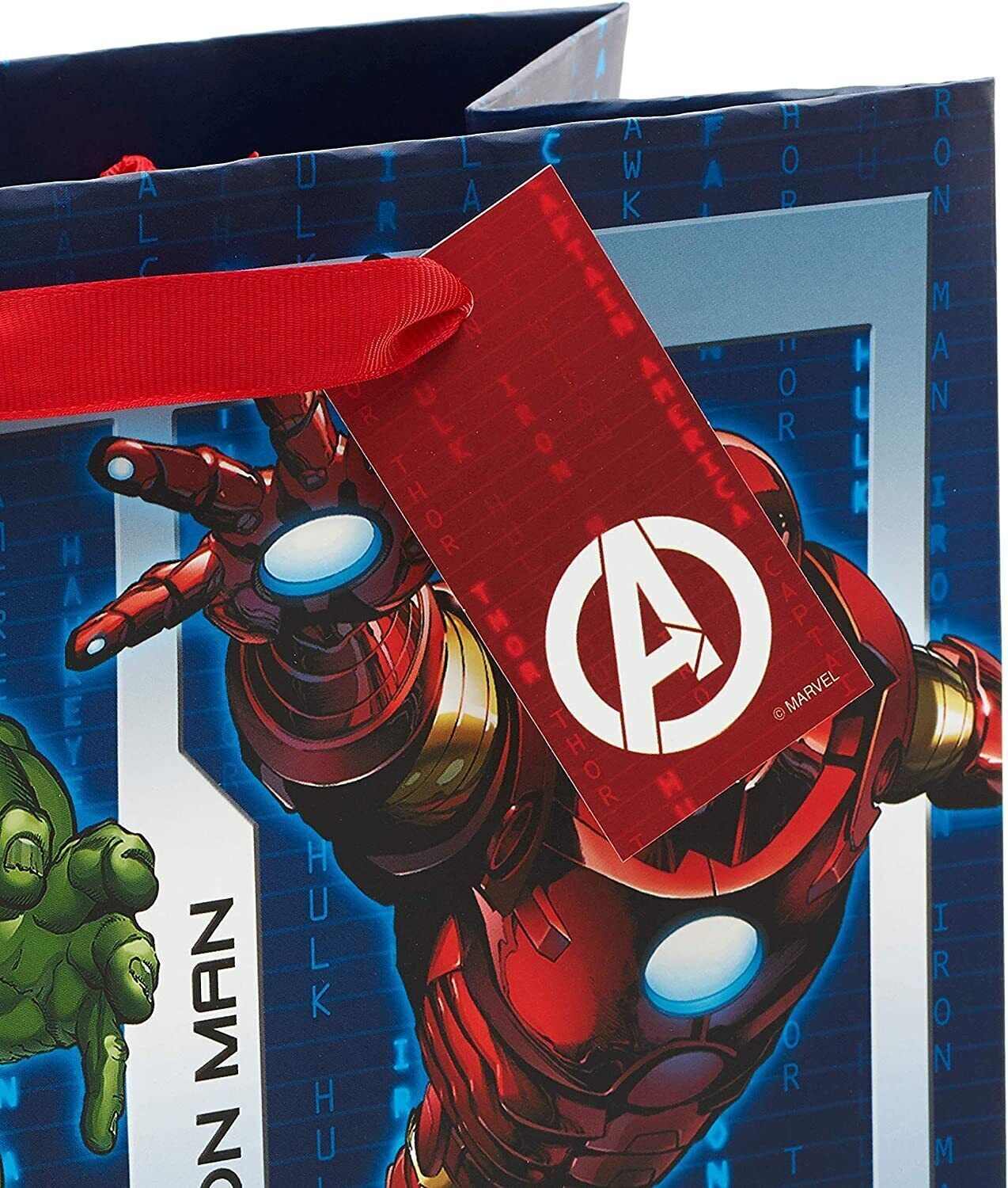Large Avengers-themed gift bag featuring Marvel superheroes, ideal for gift packaging from UK Greetings.