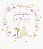 Pink Christening greeting card for a goddaughter featuring Precious Blessings and UK Greetings branding.