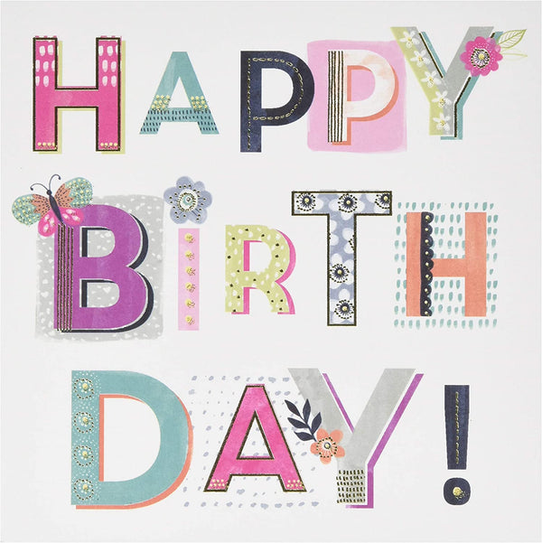 Pretty birthday greeting card for her with happy birthday lettering, featuring floral design and elegant typography.