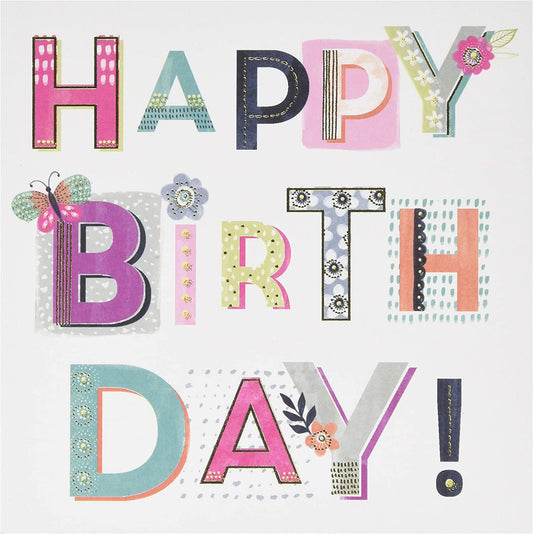 Pretty birthday greeting card for her with happy birthday lettering, featuring floral design and elegant typography.