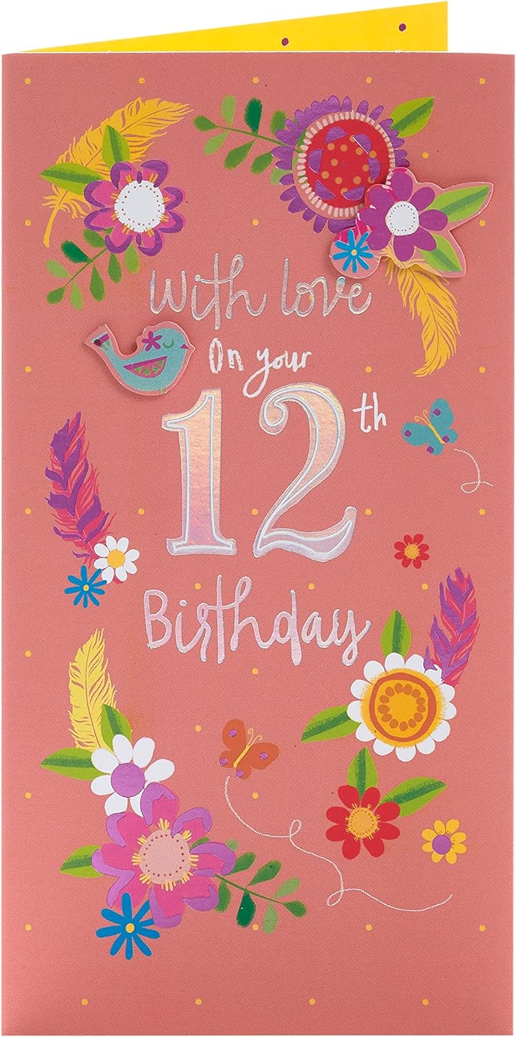 Pretty Flower 12th Birthday Girl greeting card by UK Greetings with colorful floral design and cheerful message.