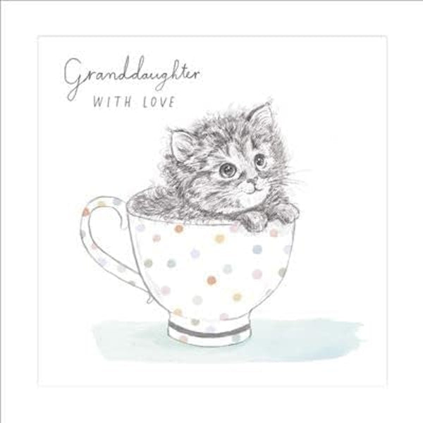 Cute kitten in a spotty teacup greeting card for granddaughter's birthday, designed by UK Greetings.
