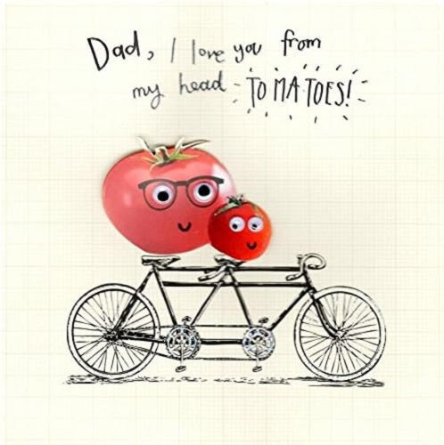 Punny love greeting card from UK Greetings featuring tomatoes and the phrase "I Love You From My Head Tomatoes!" for Father's Day.