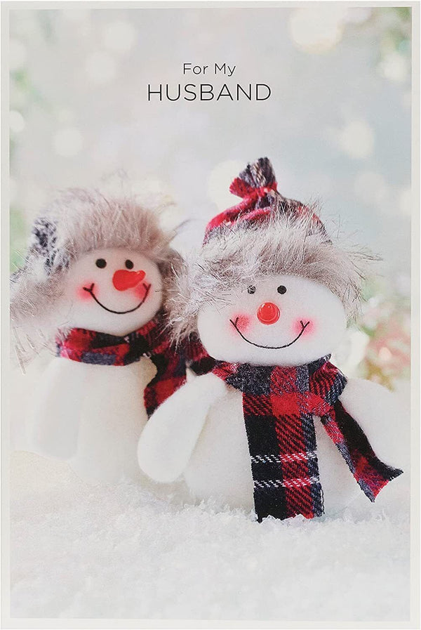 Quirky Snow Couple Tartan Christmas Card for Husband by UK Greetings, featuring festive winter scene and humorous holiday message.