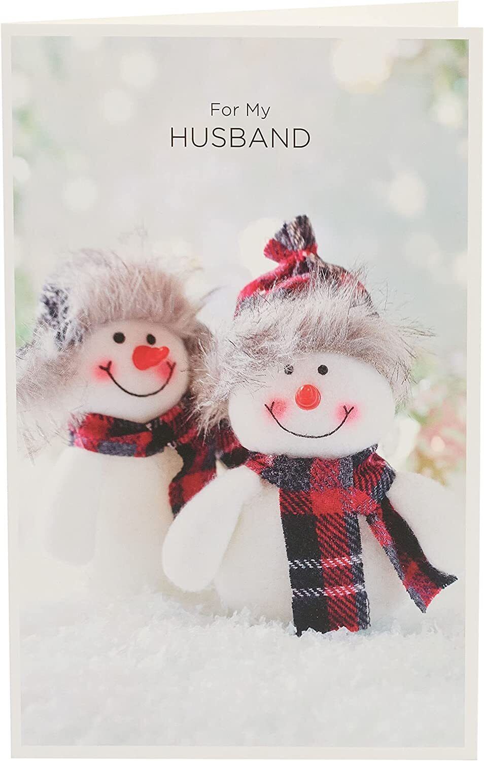 Quirky Snow Couple Tartan Christmas Card for Husband by UK Greetings showing a festive holiday greeting with snow-themed design.