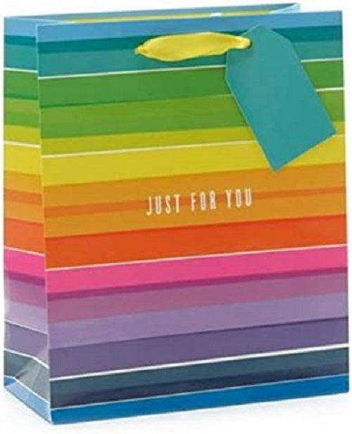 Colorful Radiant Rainbow Medium Gift Bag used as a greeting card from UK Greetings, with vibrant rainbow design and cheerful message.