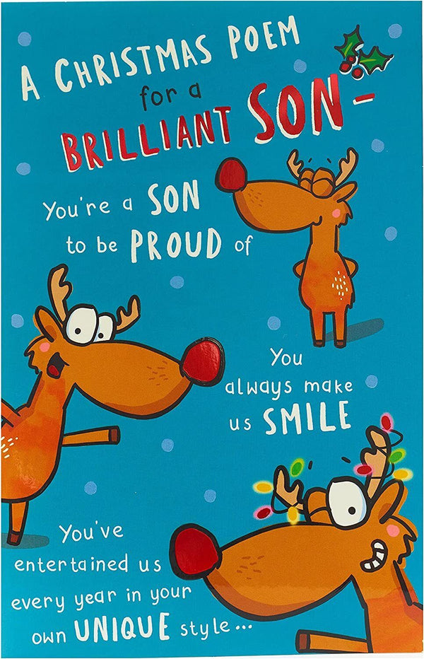 Humorous Reindeer Son Christmas greeting card with festive holiday design from UK Greetings, featuring a playful reindeer illustration.