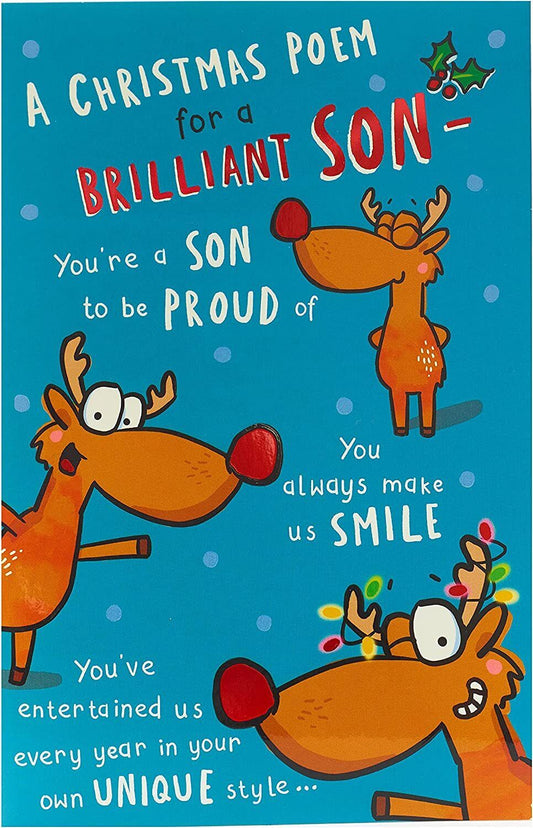 Humorous Reindeer Son Christmas greeting card with festive holiday design from UK Greetings, featuring a playful reindeer illustration.