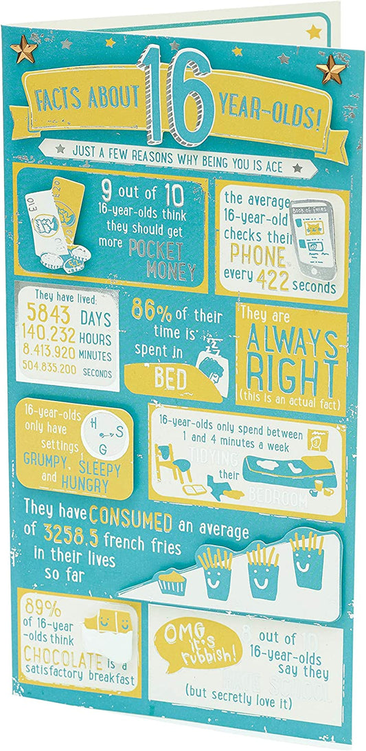 Relatable Facts 16th Boy Birthday Card by UK Greetings, featuring colorful illustrations and playful design for celebrating a teen's birthday.
