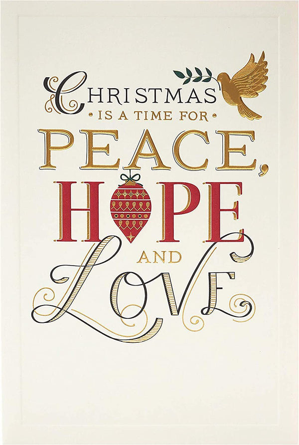 Religious Christmas greeting card with gold foil accents and "Time for Peace" message, featuring festive holiday design.