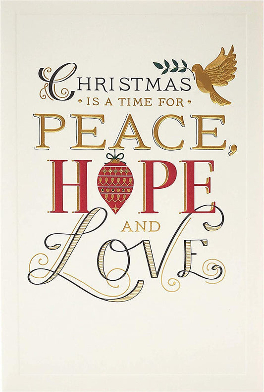 Religious Christmas greeting card with gold foil accents and "Time for Peace" message, featuring festive holiday design.