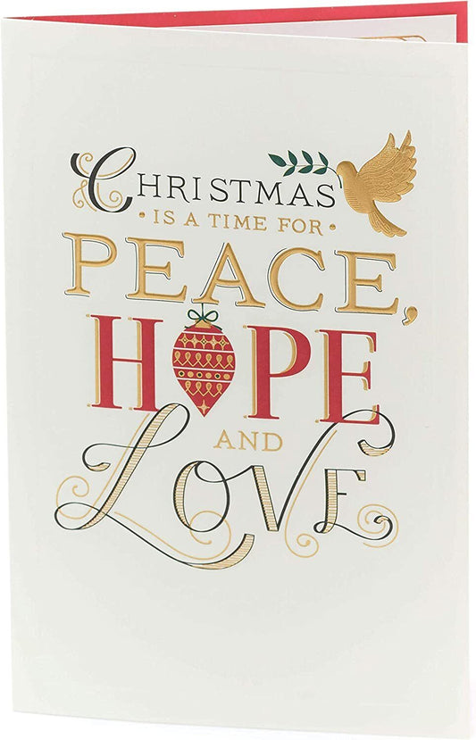 Religious Christmas greeting card with gold foil lettering and peaceful holiday scene, perfect for celebrating the festive season.