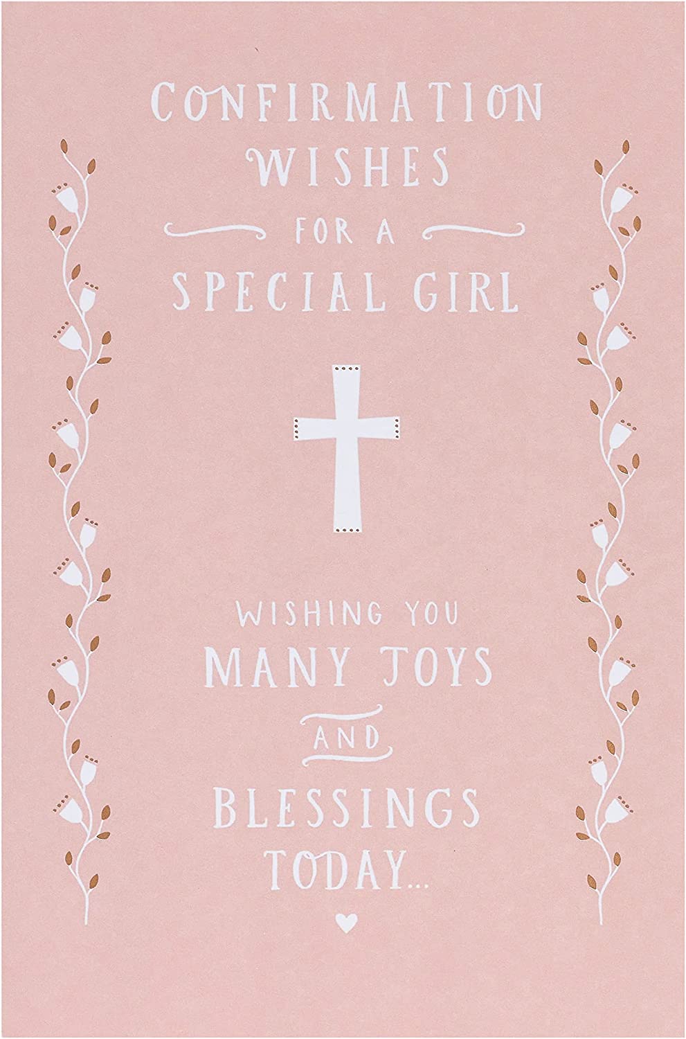 Religious confirmation greeting card for girls with copper foil accents, featuring religious symbols and elegant design.