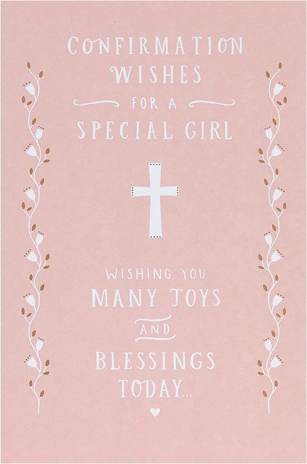 Religious confirmation greeting card for girls with copper foil accents, featuring religious symbols and elegant design.