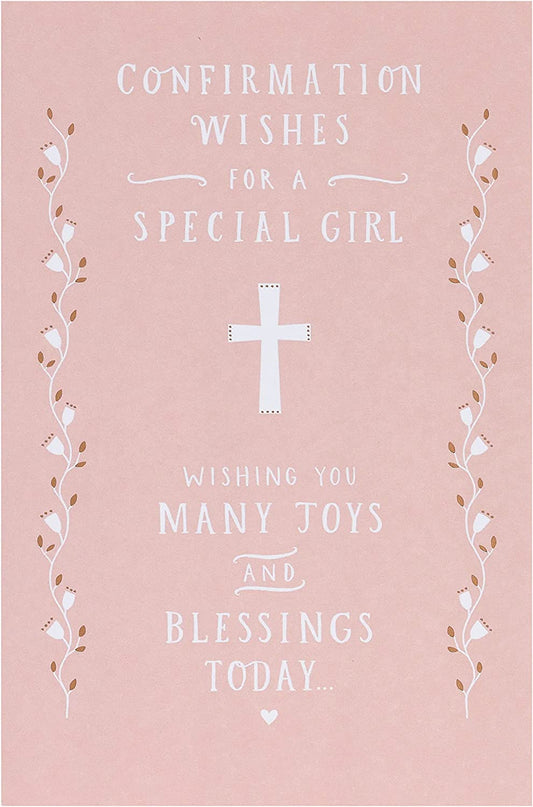Religious confirmation greeting card for girls with copper foil accents, featuring religious symbols and elegant design.