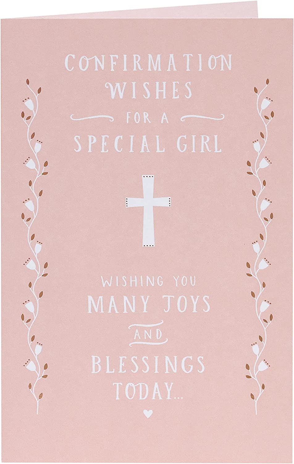 Religious confirmation greeting card for girls with copper foil accents, featuring a religious motif and elegant design.