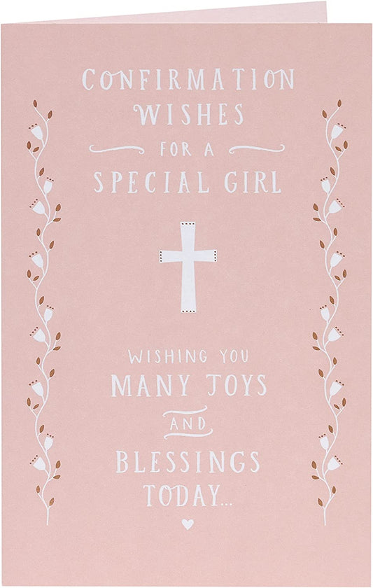 Religious confirmation greeting card for girls with copper foil accents, featuring a religious motif and elegant design.