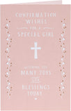 Religious confirmation greeting card for girls with copper foil accents, featuring a religious motif and elegant design.