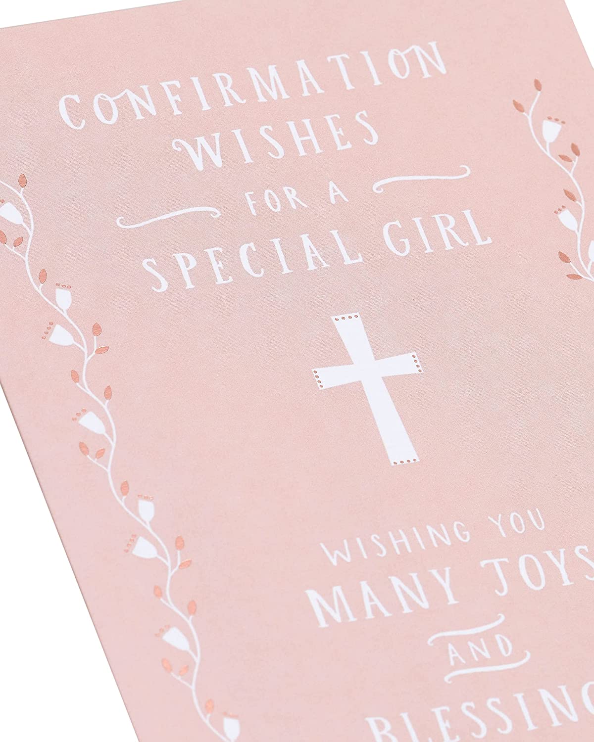 Religious confirmation greeting card for girls featuring copper foil accents, designed by UK Greetings with religious symbols and elegant details.