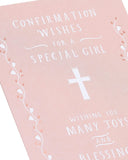 Religious confirmation greeting card for girls featuring copper foil accents, designed by UK Greetings with religious symbols and elegant details.
