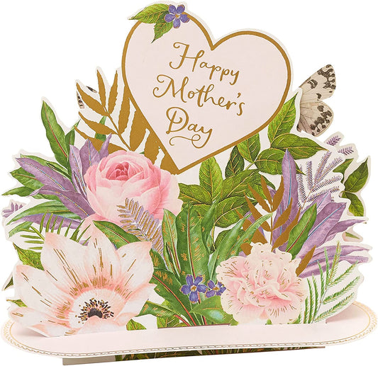 Greeting card featuring RHS 150cm plant support stand design, with floral illustrations and UK Greetings branding.