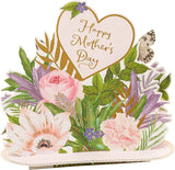 Greeting card featuring RHS 150cm plant support stand design, with floral illustrations and UK Greetings branding.