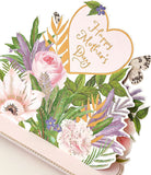 Greeting card featuring RHS 150cm plant support stand design, with floral illustrations and UK Greetings branding.