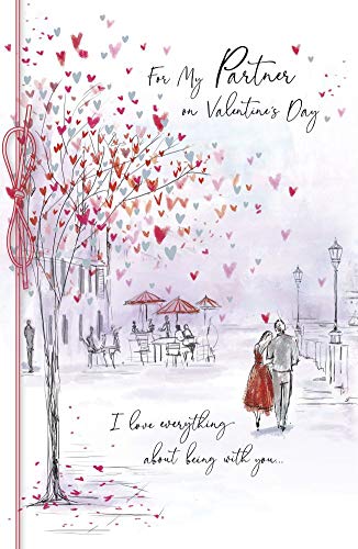 Two people walking together holding a Riverside Couple Valentine greeting card, celebrating love and partnership.
