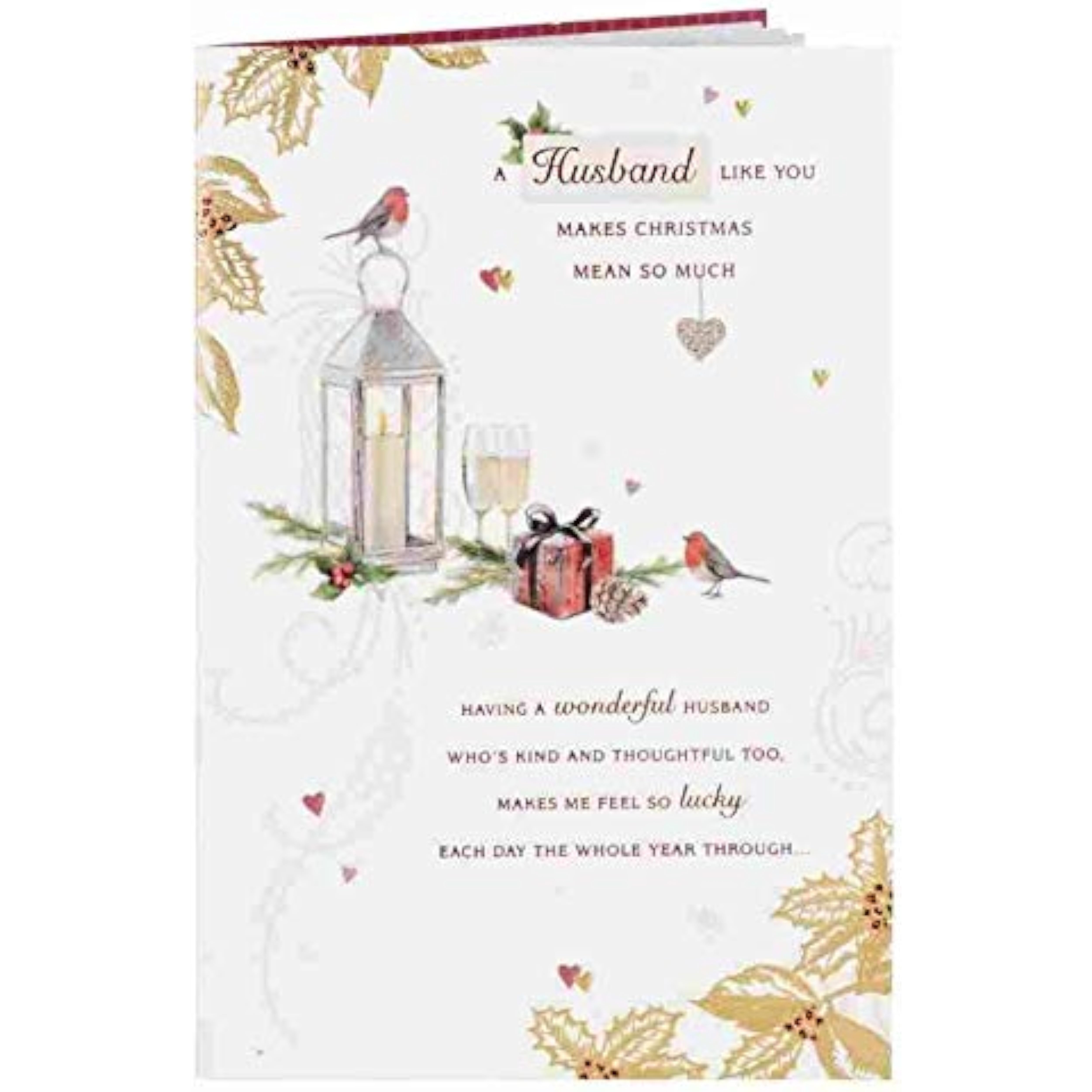 Robin, lantern, and foliage Christmas greeting card from UK Greetings featuring warm holiday love imagery.