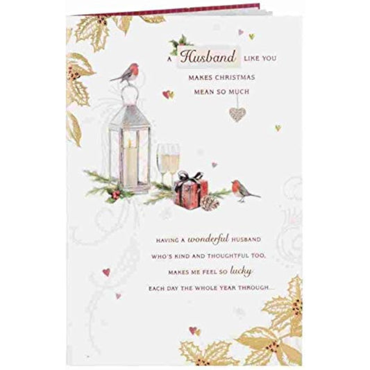 Robin, lantern, and foliage Christmas greeting card from UK Greetings featuring warm holiday love imagery.