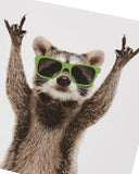 Rockin' Raccoon birthday greeting card for him by UK Greetings, featuring a colorful raccoon illustration and festive design.