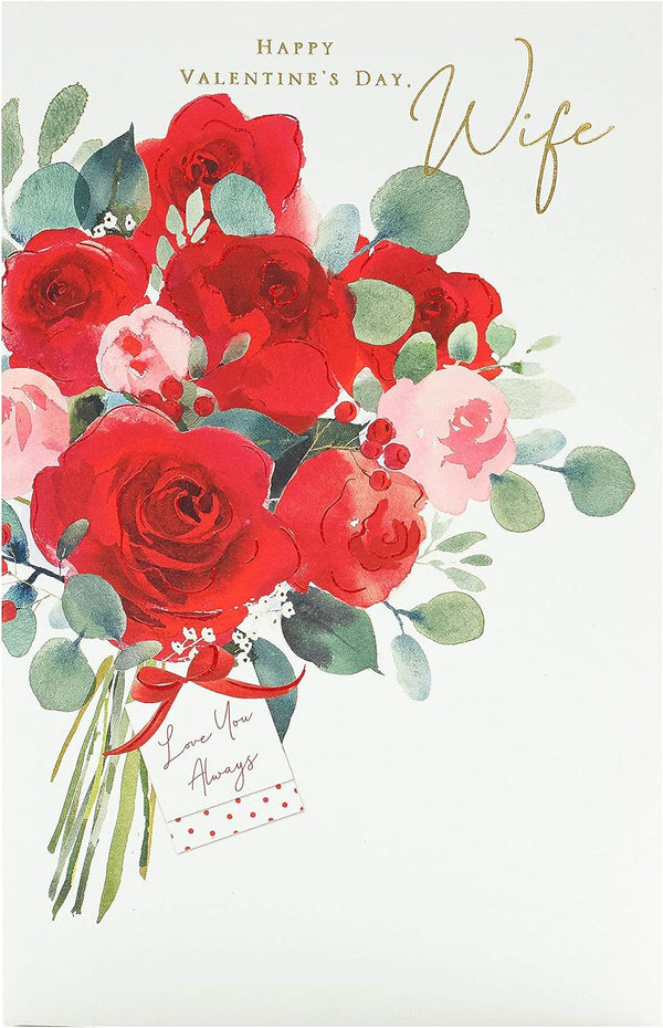 Romantic greeting card for wife with Valentine's Day message, UK Greetings, featuring floral and love-themed design.