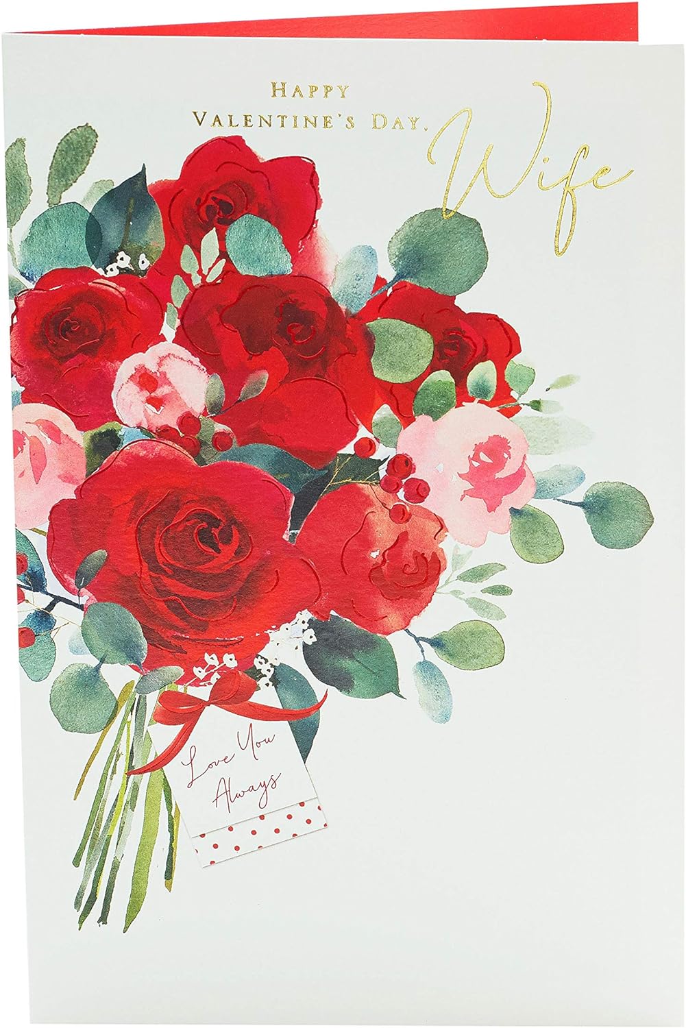 Romantic greeting card for wife with love message, UK Greetings Valentine's Day card, featuring floral and heart designs.