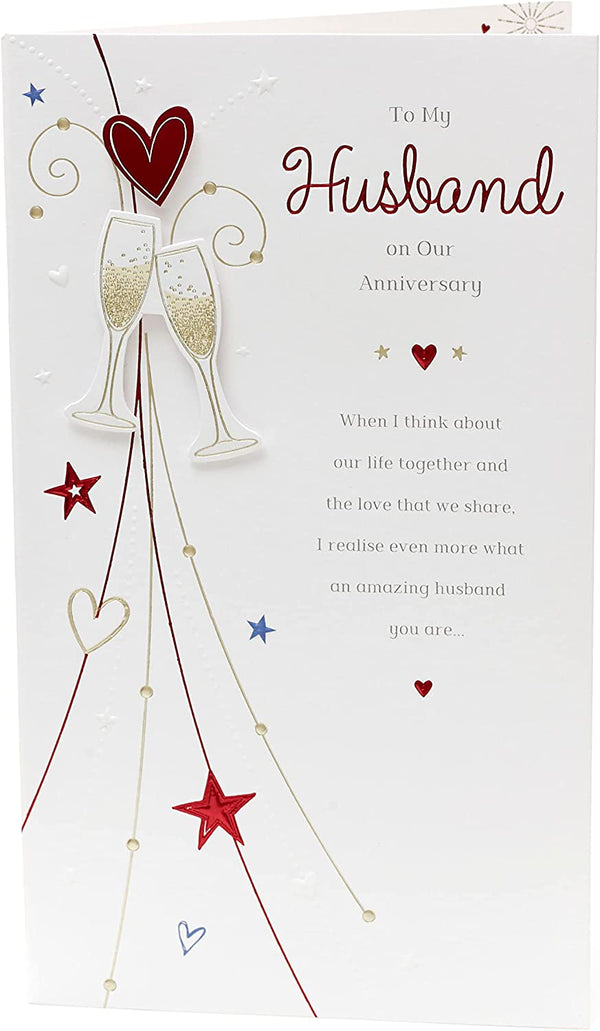 Romantic husband anniversary greeting card from UK Greetings featuring heartfelt message and love-themed design.