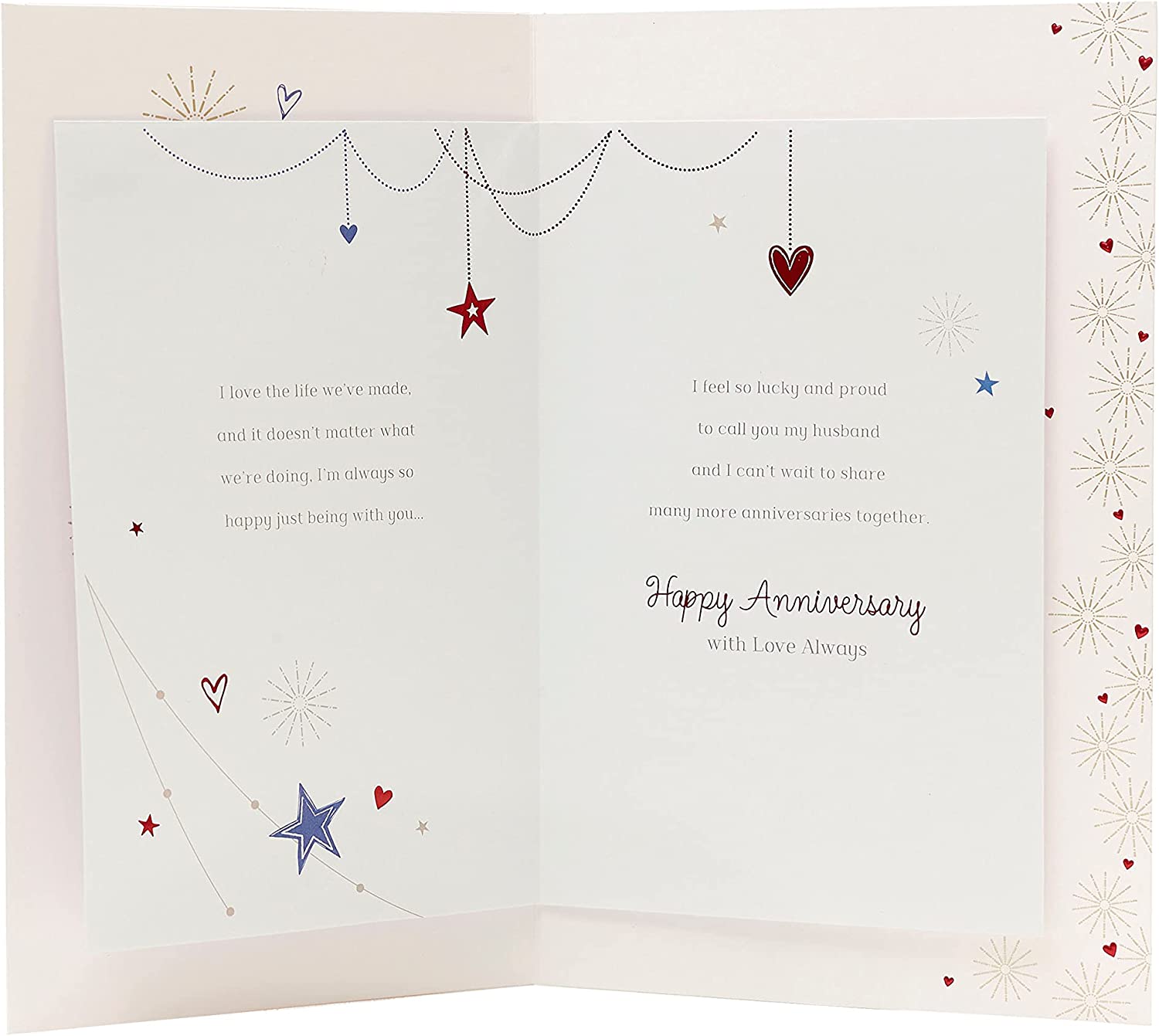 Romantic husband anniversary greeting card from UK Greetings featuring heartfelt message and decorative design.