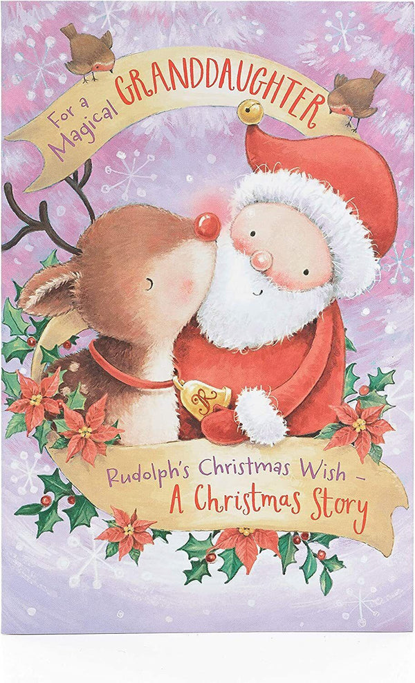 Rudolph and Santa storybook Christmas greeting card for granddaughter, featuring festive holiday illustrations by UK Greetings.