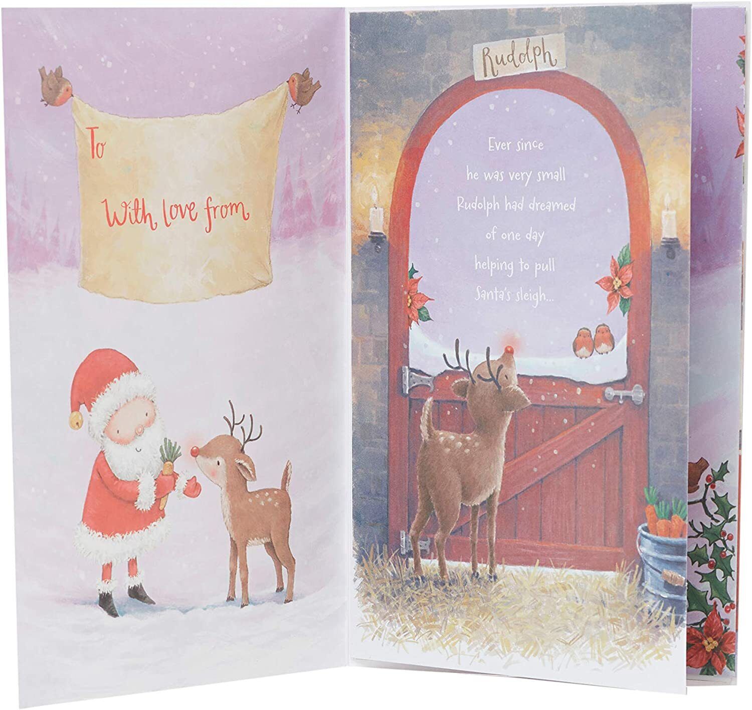 Rudolph and Santa storybook Christmas greeting card for granddaughter, featuring festive holiday illustrations by UK Greetings.